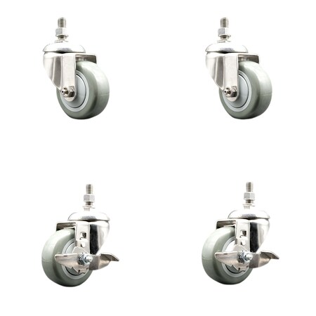 Service Caster 3.5 Inch 316SS Gray Polyurethane Swivel 3/8 Inch Stem Caster Brake SCC, 2PK SS316TS20S3514-PPUB-381615-2-TLB-2